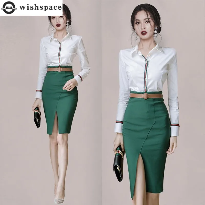 Korean Popular Spring New Professional Chiffon Shirt Slim Skirt Two-piece Elegant Women Skirt Suit Office Manager Outfits