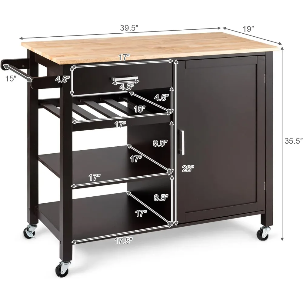 Kitchen Storage Cart with Wheels, Trolley Cart featuring Wine Rack, Shelves, and Towel Rack, 360° Swivel Wheels & Detachable