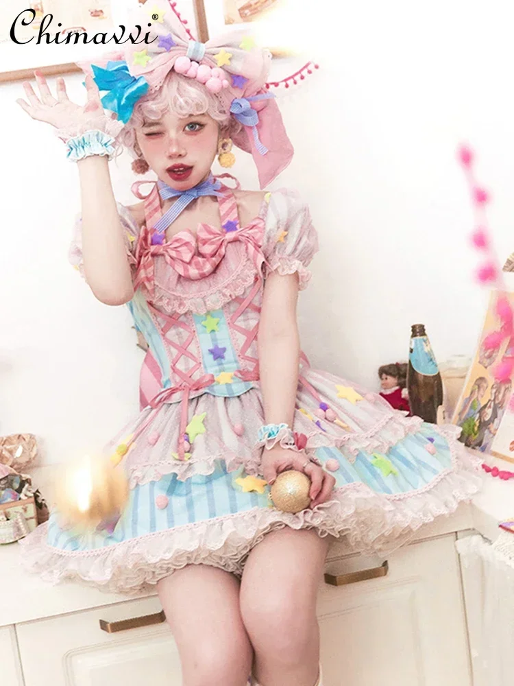 Japońska słodka dziewczęca sukienka księżniczki Lolita truskawkowe gwiazdy kokardka OP sukienka kobiety Kawaii Cosplay powyżej kolan urodziny Y2k sukienki