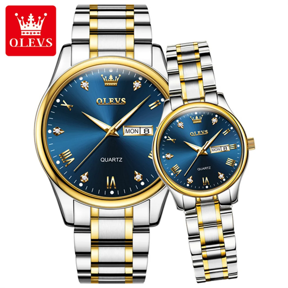 OLEVS-reloj de cuarzo para hombre y mujer, accesorio de pulsera resistente al agua con calendario doble, ideal para regalo de pareja