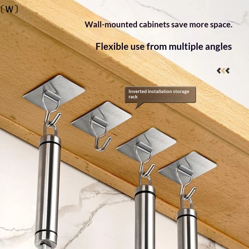 〔W〕Stainless Steel Adhesive Wall Hook No Drill Self Sticky For Kitchen Bathroom Household Storage Organizer
