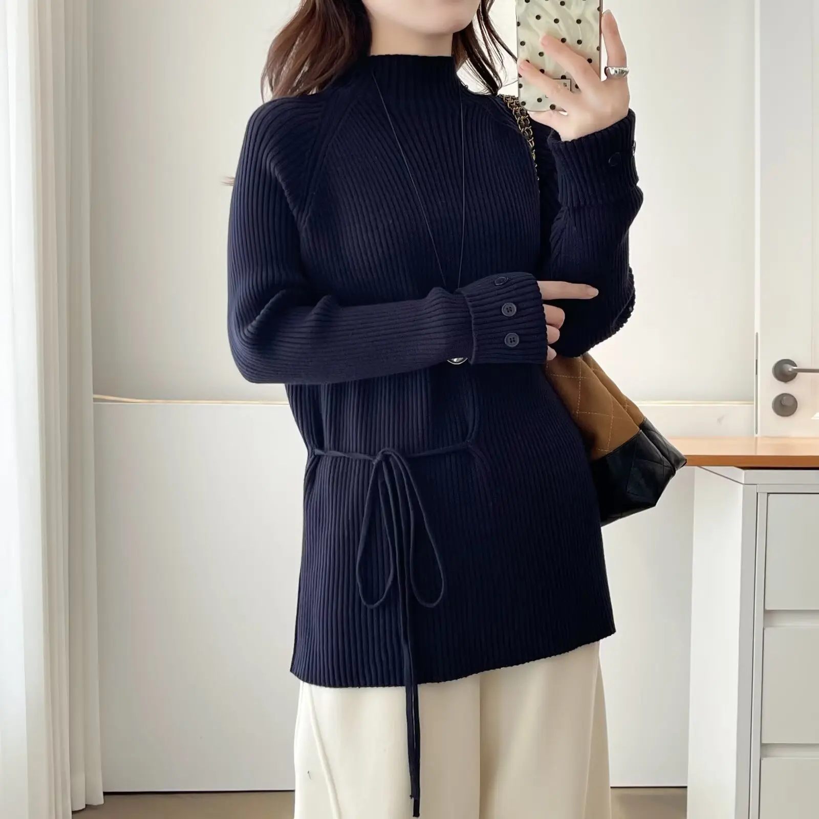 

XXXXL модные женские свитера больших размеров, осенне-зимние корейские версии, новый стиль, пуловеры с утолщенным воротником и поясом 8523