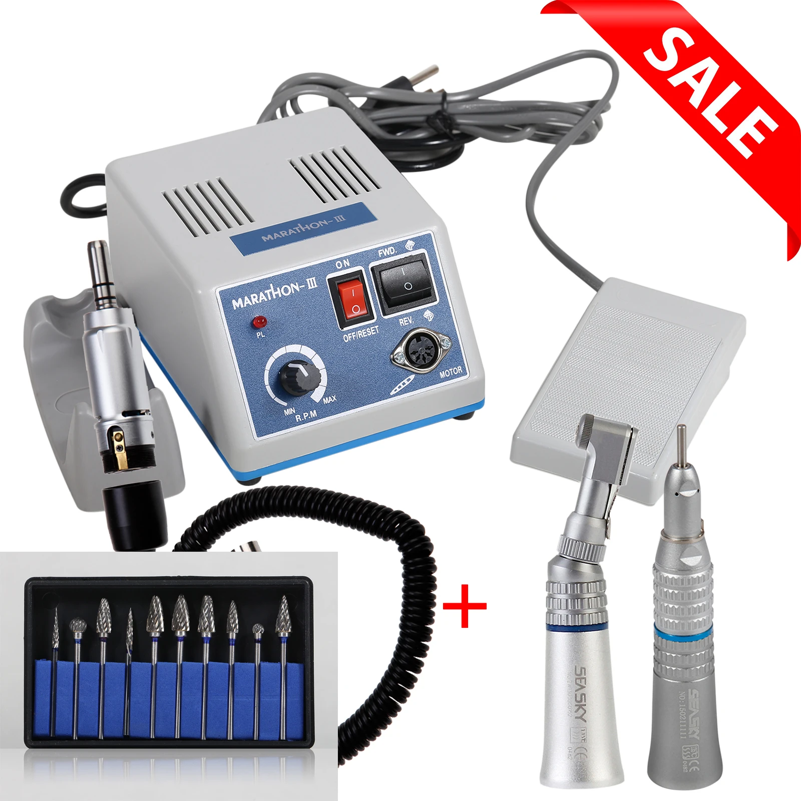 

Dental Lab 110V/220V N3 Unit Marathon Micromotor +Foot Control+ Contra angle straight Low Speed Handpiece + 10PCS Polisher Burs