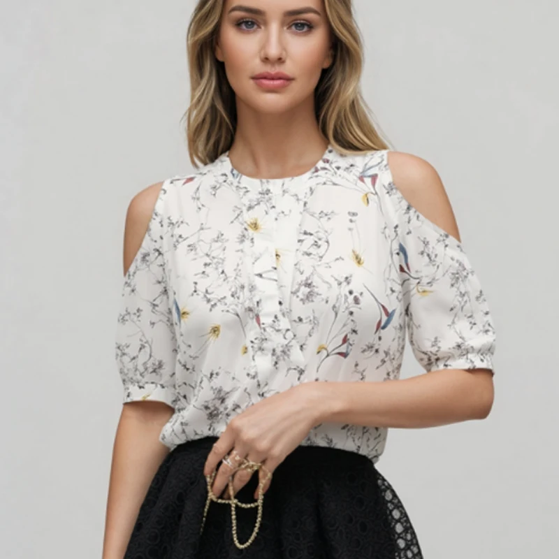 Nowa koszula damska z kwiatowym nadrukiem Eleganckie letnie topy Bluzki z odkrytymi ramionami Bluzka damska z krótkim rękawem Odzież damska w dużych rozmiarach 825C