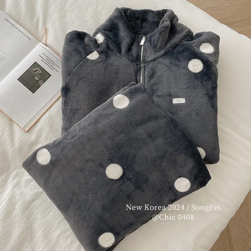 Polka Dot Nachtkleding Dames Coral Fleece Winter Nieuw Vest Warm En Flanel Dikke Thuis Pak Set Rits Top Vrouwelijke nachtkleding