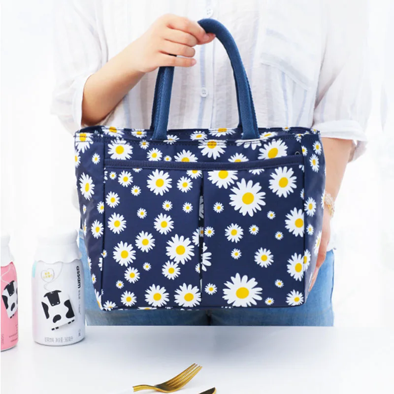 Daisy Print Cute Lunch Bag Thermal Insulation Large Capacity Portable Picnic Hangbag Office Lunch Box Bag Kids School Lunch Bags