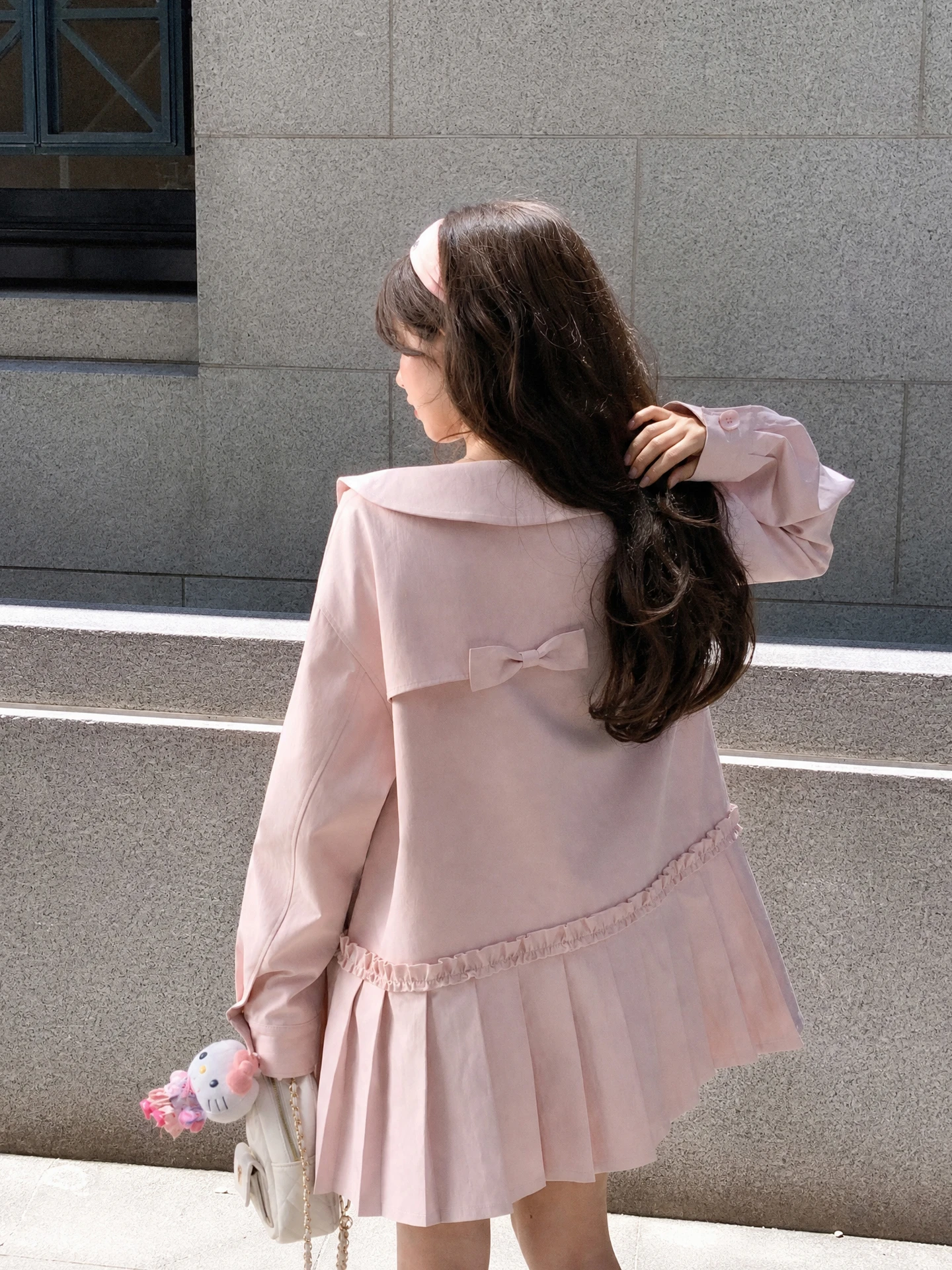 Sweet Style Long Sleeve Pink Windbreaker Dress Women's Loose Fit Doll Collar Online Exclusive Polyester Fiber Casual Wear