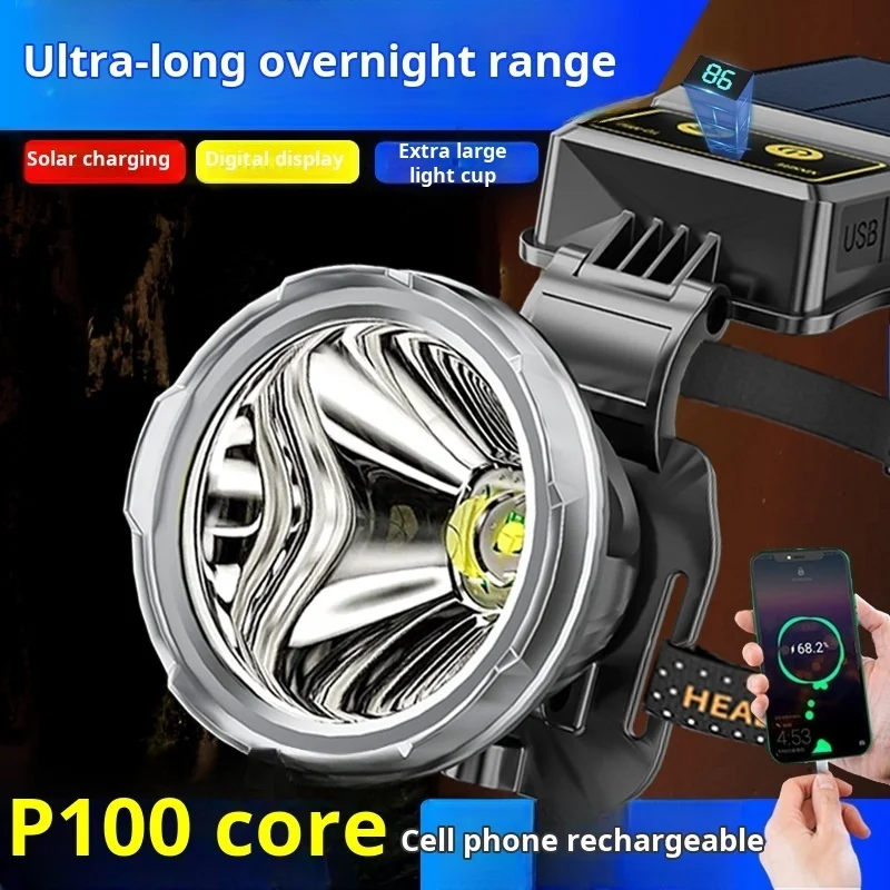 Outdoor Head Light Long Range Large Light Cup High Bright Solar Rechargeable Searchlight