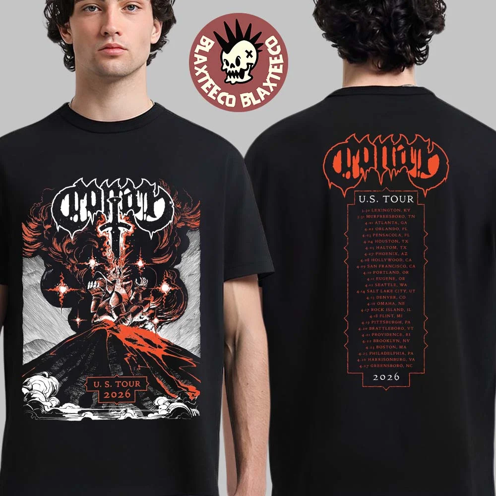 2026 Heavy Metal Band 2026 US Tour Double Sided T-Shirt, Dark Demon Volcano Graphic Print Cotton Short Sleeve Tee