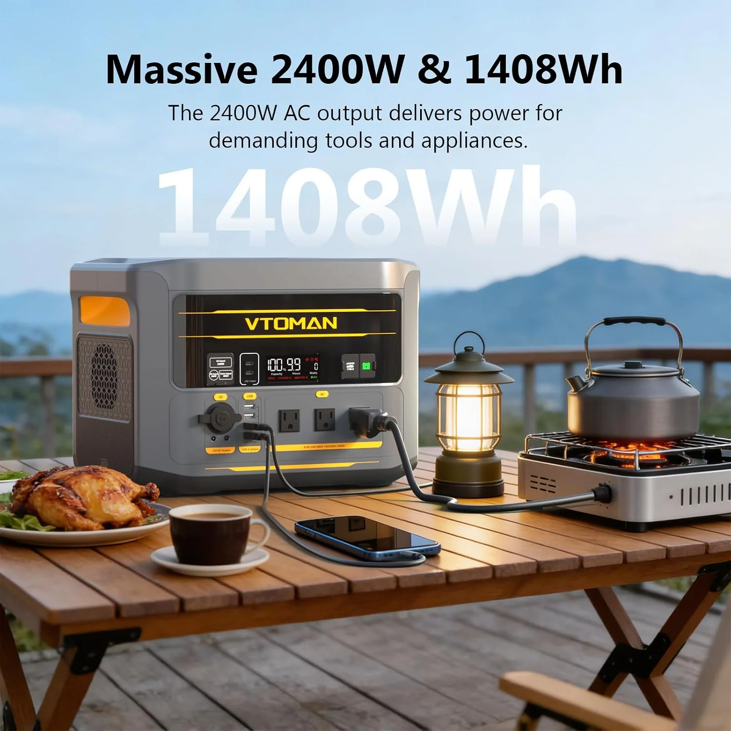 VTOMAN FlashSpeed 2400 Portable Power Station With 200WPro solar panel, 1408Wh LiFePO4 (LFP) Battery, Full Charge in 58 Min,2400W(Peak 3200W) Solar Generator for Home Backup Power, Camping & RVs