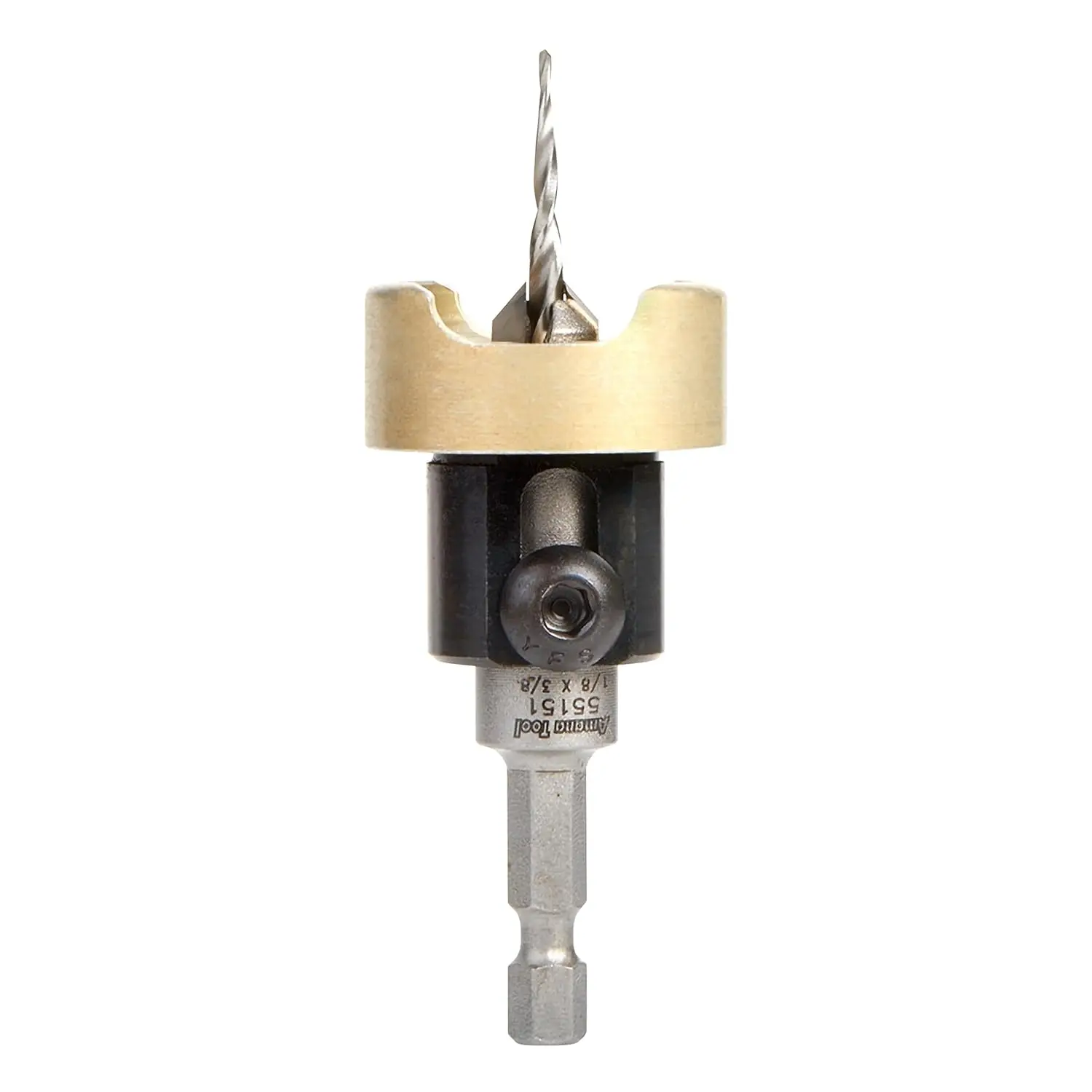 

82 Degree Countersink with Tapered Drill Bit, Adjustable Depth Stop, 3/8 D x 1/8 Drill D x 1/4 Inch Quick Release Hex Shank