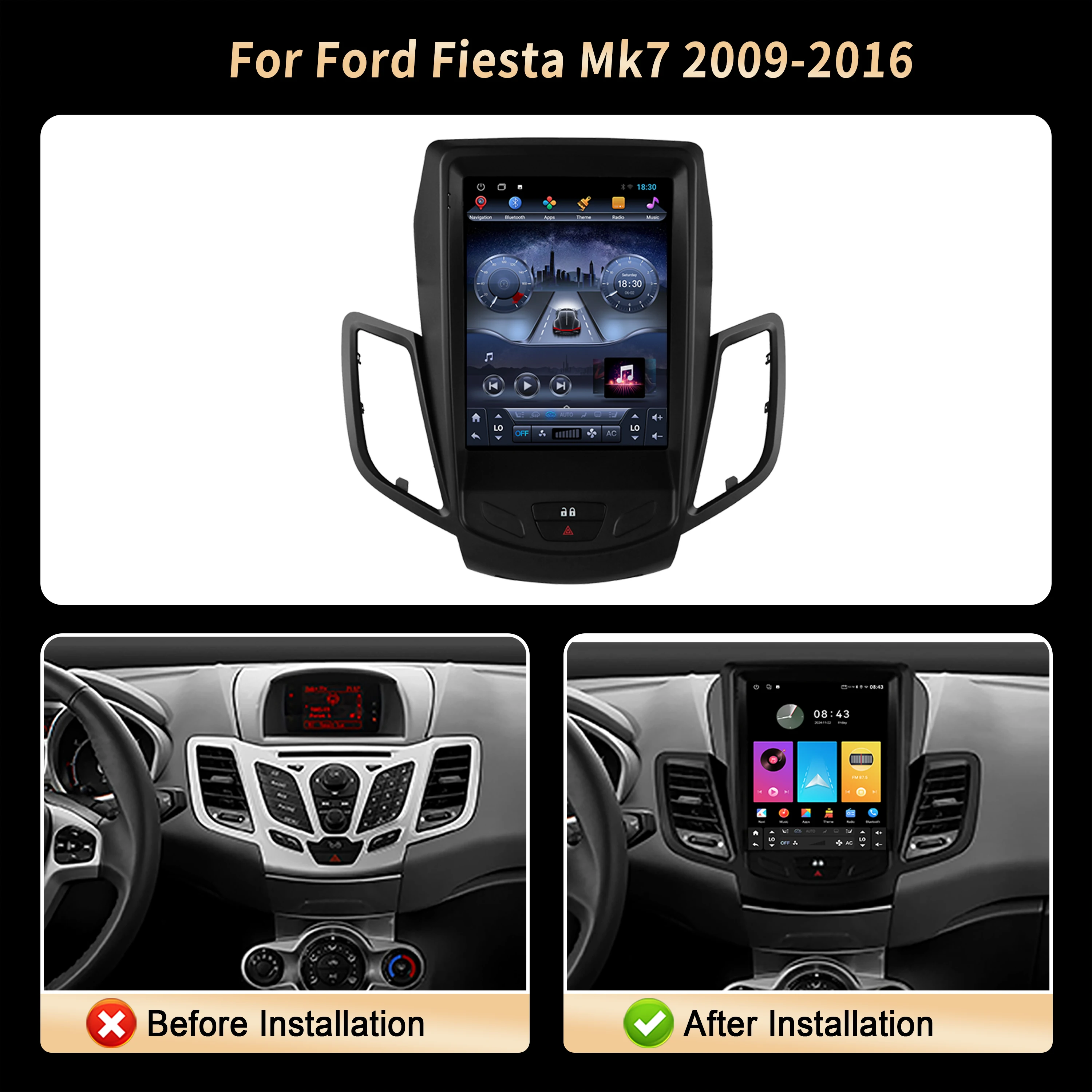9.7inch For Ford Fiesta Mk7 2009 2010 2011-2015 2016 4G Car Radio Multimedia GPS Stereo Wirelss BT Carplay QLED Screen