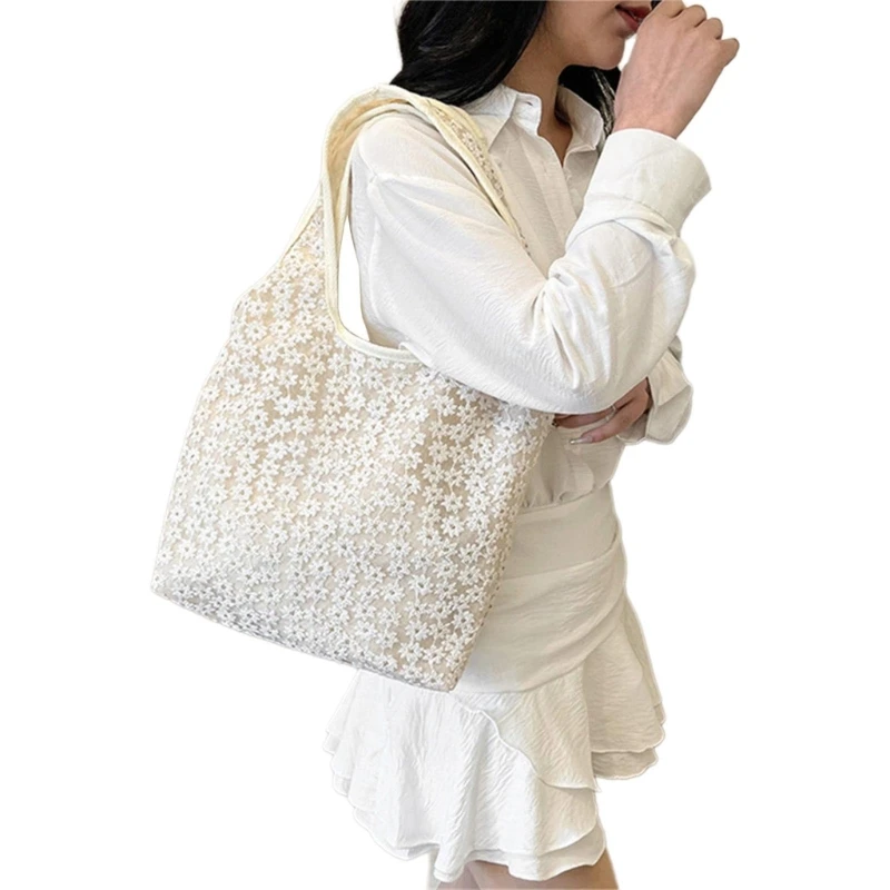 Bolso hombro malla flores estéticas bolso axila lona Simple estilo coreano