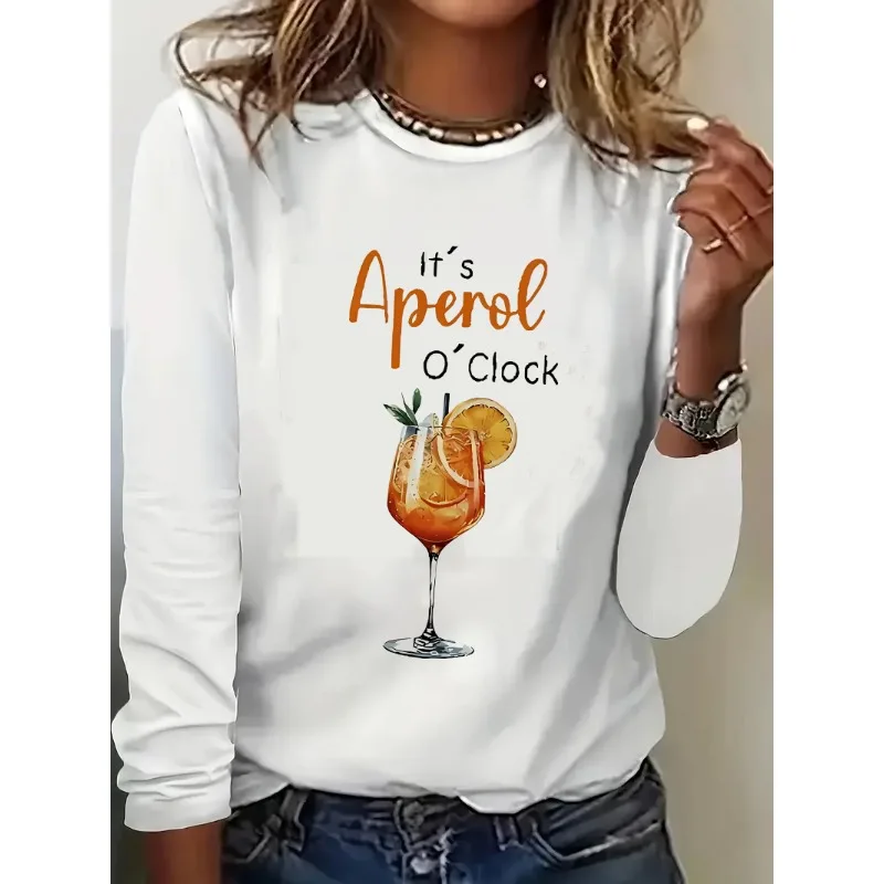 تي شيرت It's Aperol O'Clock بنمط كوكتيل ثلاثي الأبعاد مطبوع وجيد التهوية وسريع الجفاف وفضفاض ومريح برقبة دائرية وأكمام طويلة