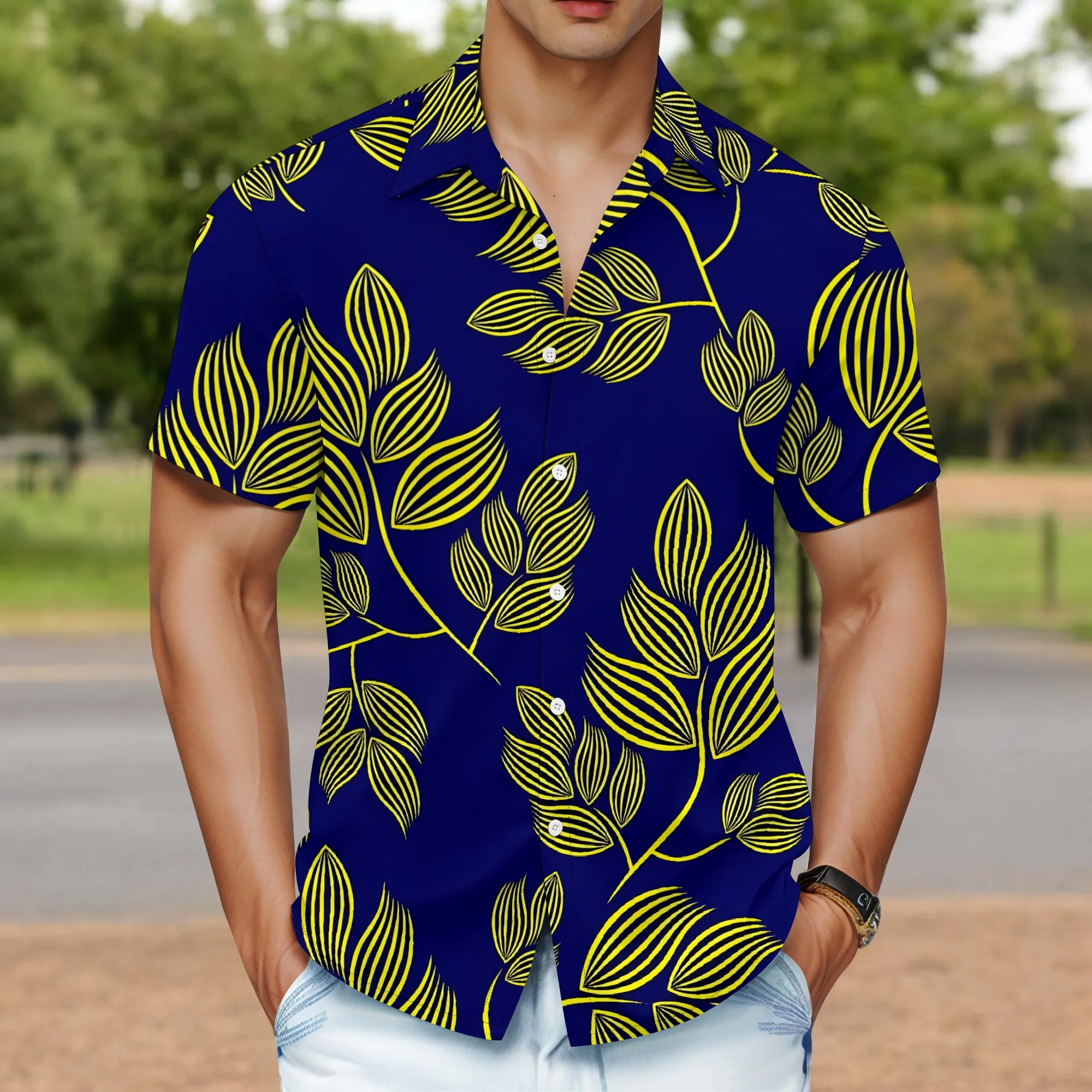 

YEAE Yellow Leaf Print Shirt for Men Summer Casual Short Sleeve Top