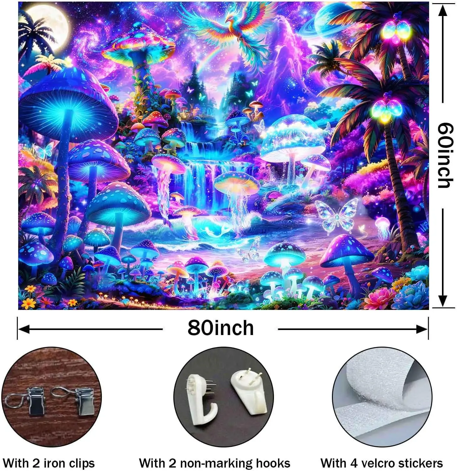 Trippy Enchanted Forest Tapestry, Psychedelic Glowing Mushrooms with Galaxy Sky Print Wall Hanging, Great For Dorm & Boho Style