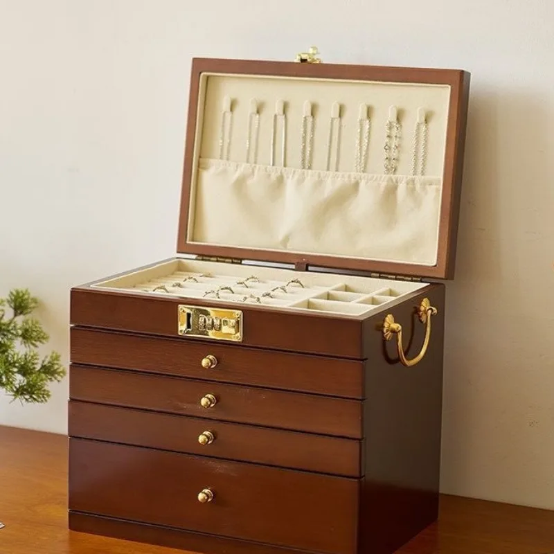 Solid Wood Jewelry Box Large Capacity Glasses Watch Lockable Storage Boxes Exquisite Multi-layer Drawer Necklaces Ring Box