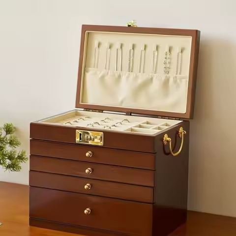 Solid Wood Jewelry Box Large Capacity Glasses Watch Lockable Storage Boxes Exquisite Multi-layer Drawer Necklaces Ring Box