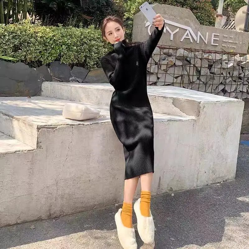 Sukienka damska z golfem, dzianinowa, brązowa, szydełkowa, beżowa, odzież w stylu koreańskim, promocja, nowości, dzianina, Y2k