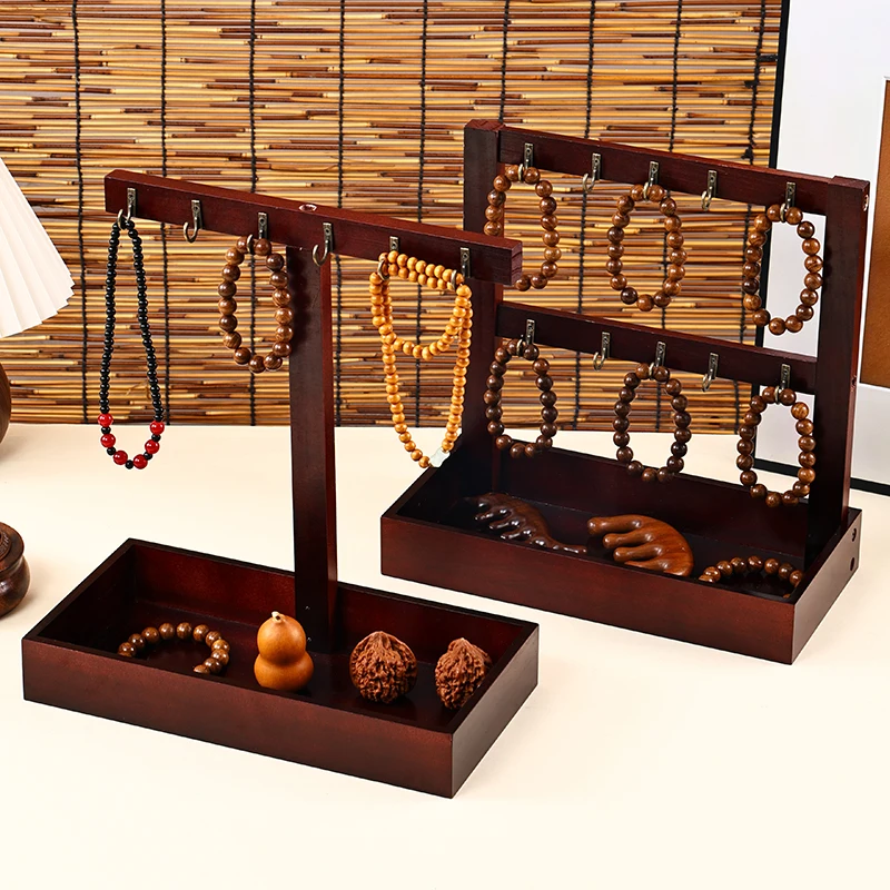 Walnut Color Jewelry Display Stand With Storage Tray Multi‑Hook Desktop Bracelet Necklace Holder Beaded Chain Shop Organizer