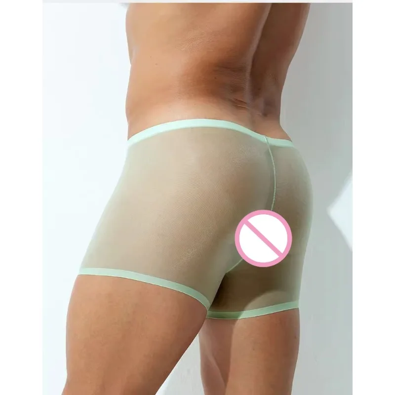 Sexy Mens Ice Silk Flat Boxers Low Waist Transparent Shorts Men U Convex Pouch Underwear Ultra-Thin Seamless Man Erotic Panties