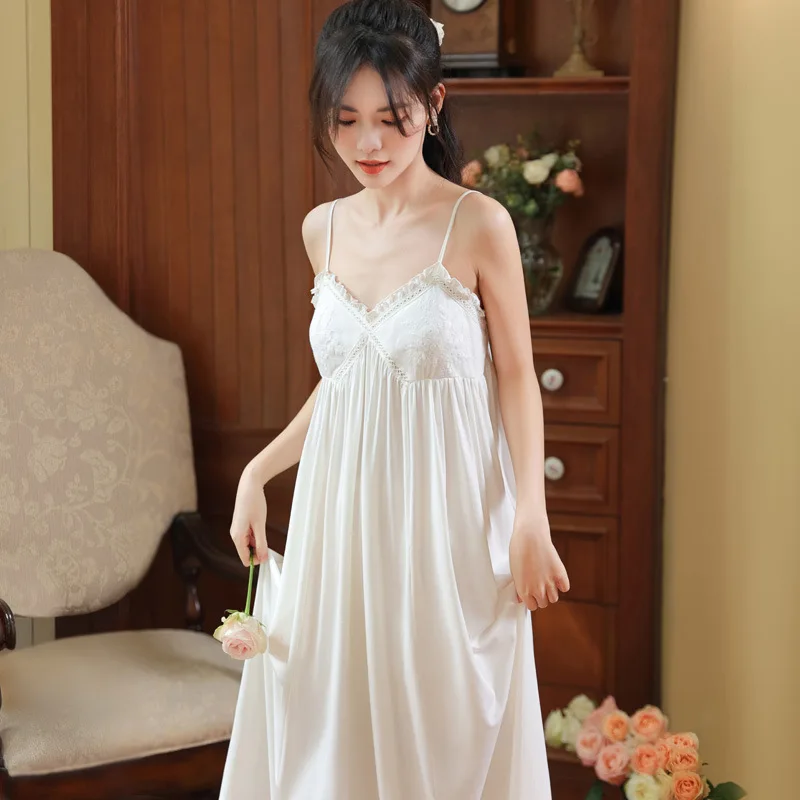 Sleeveless Night Dress Women Girl Summer Cotton Sexy Sleepwear Lace Embroidery Long Nighty Vintage Nightgown Princess Nightwear