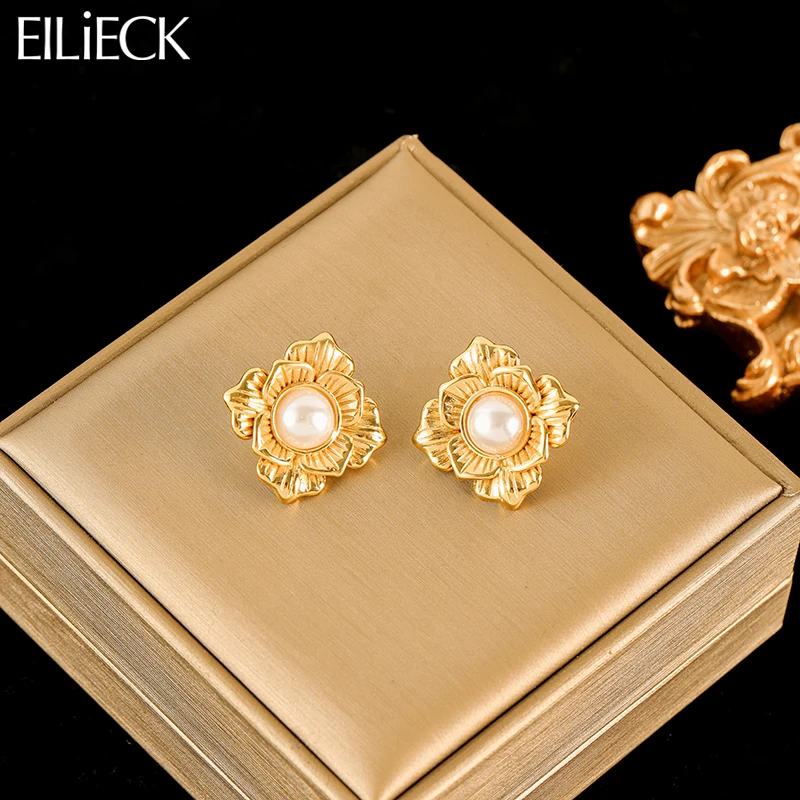

EILIECK 316L Stainless Steel Flower Pearl Earrings For Women Fashion New 18K Gold Plated Ear Stud Waterproof Jewelry Lady Gift
