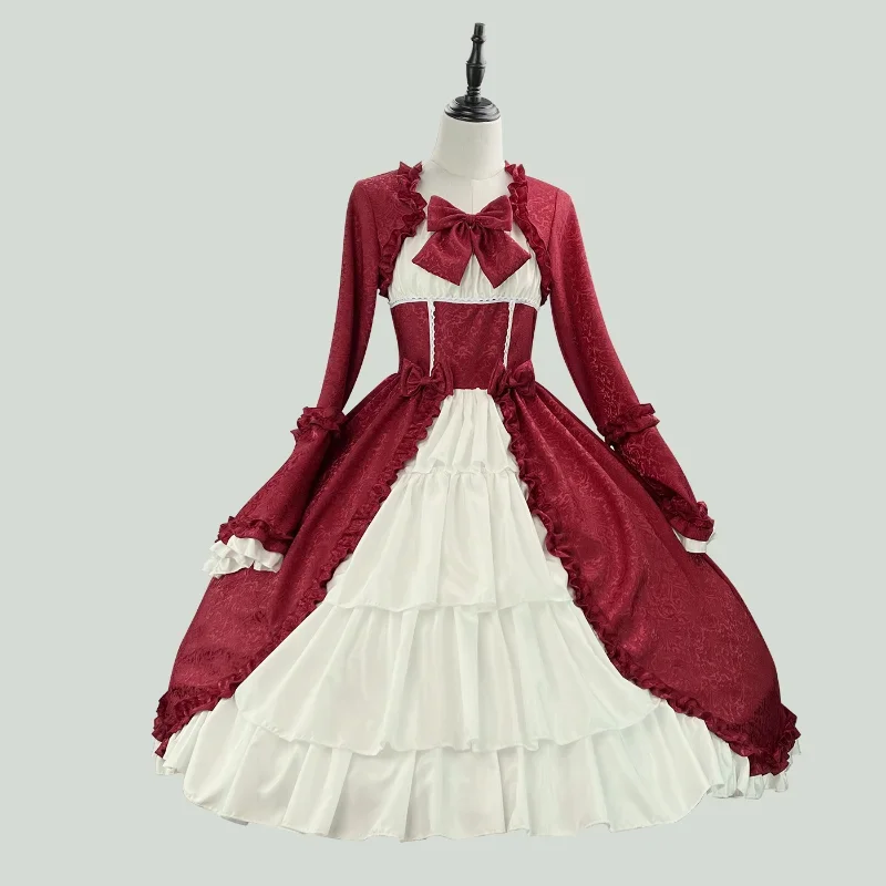 

European and American Medieval Retro Court Dress Square Collar Waist Splicing Bow Dress Lolita Dress