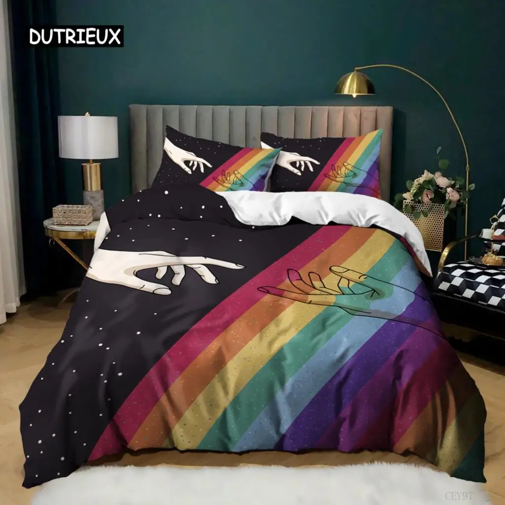 

Couple Rainbow Duvet Cover Set Microfiber Hold Hands And Compare Hearts Rainbow Pattern Twin Quilt Cover Twin For Couple Lover