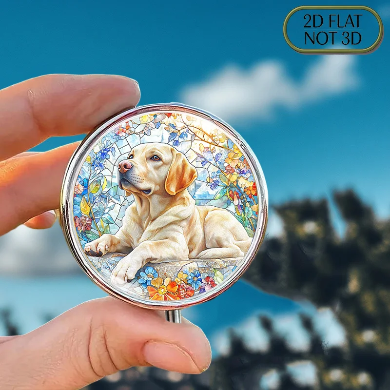 Single-piece flat portable round metal pill box, adorned with a cute Labrador dog and stained glass floral pattern under sunlight, suitable for storing supplements and medication, ideal for organizing vitamins, small accessories, or coins, and also makes 