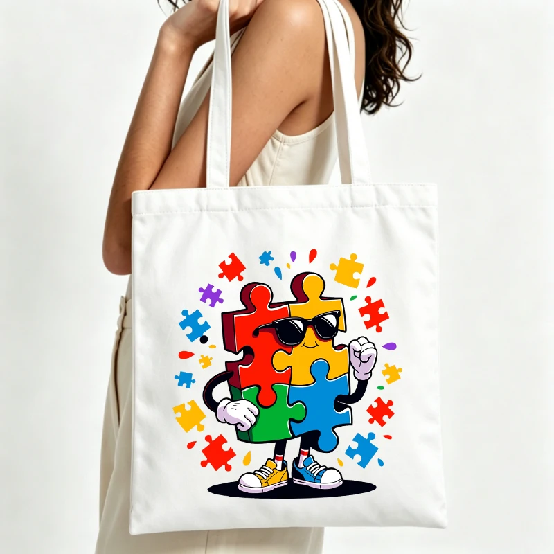puzzle piece graphic canvas tote bag, casual style for daily shopping and outings
