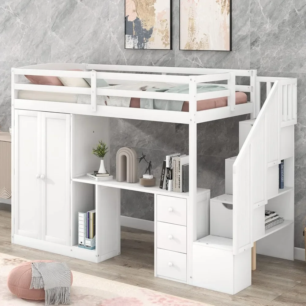 Loft Bed ,with Wardrobe,6 Storage Staircase, 3 Drawers and Cabinet, Twin Size Loft Beds for Family, Teens, Wood Bunk Bed Frame