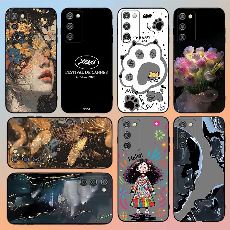 For Samsung Galaxy A03S Dunhuang Girls Dark Tulip Anti slip Circle Golden Chinese Loong Lucky Carp TPU Black Soft Phone Case