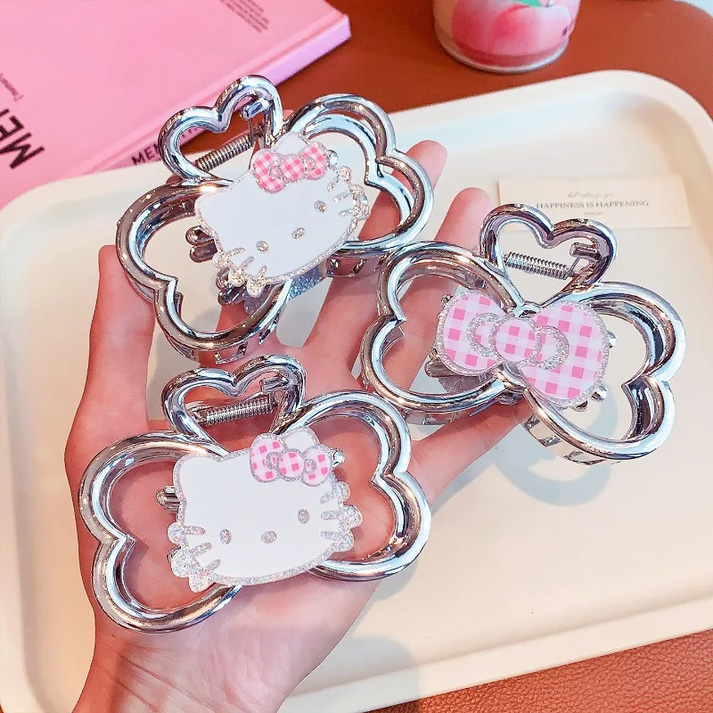 헬로 키티 카와이 상어 클립 패션 만화 소녀 하트 프리미엄 실버 보우 양면 그랩 클립 여성 액세서리 도매