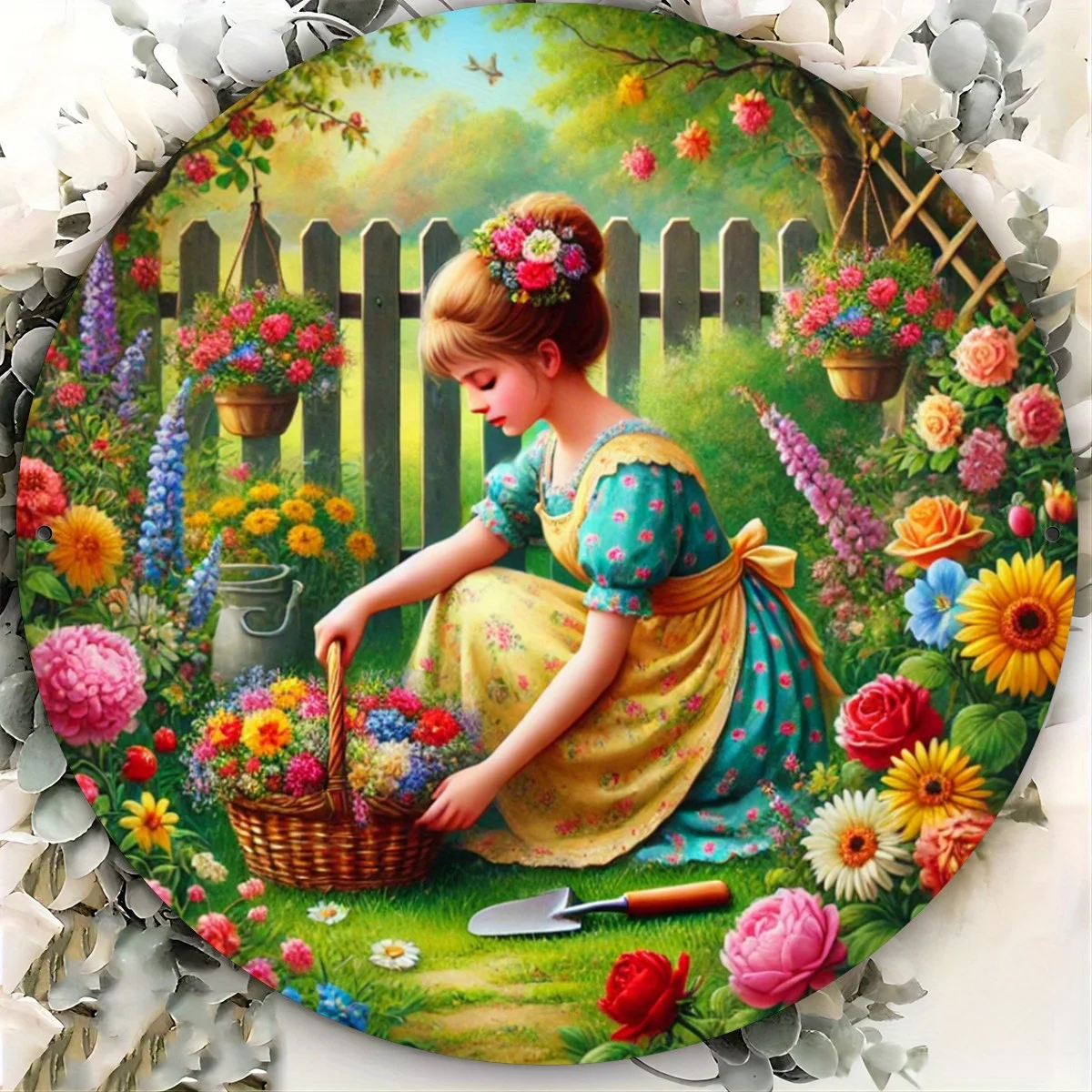 

Charming Garden Girl Round Aluminum Art Plaque - Vibrant Floral Scene with Trowel Serene Garden Decor for Home, Perfect Gift