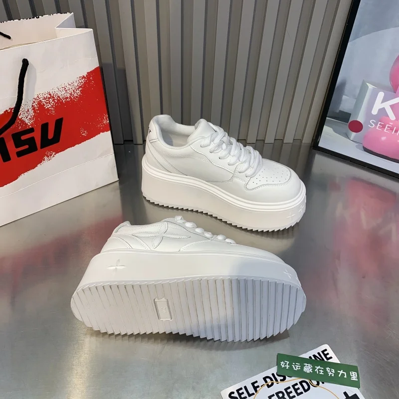 SyfIyno Thick Bottom White Leather Shoes Women Sneakers Leather Casual Shoes Skateboard Round Toe Heels Comfortable Zapatillas