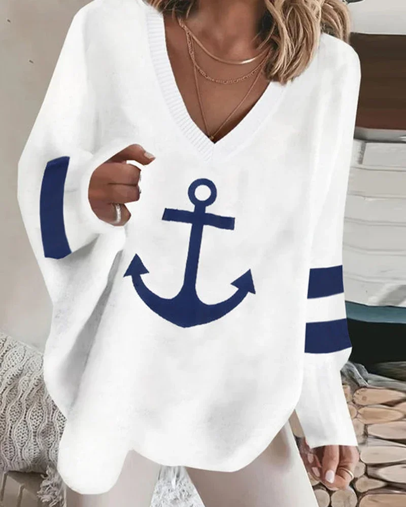 Women Anchor Print Striped V-Neck Top 2024 Autumn Winter V Neck Long Sleeve Pullover Sweater Warm Clothes Tops Female