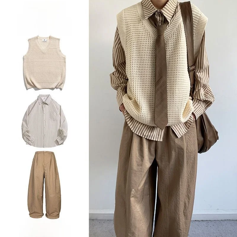 

Tee-Piece Knitted Vest Set for Men Casual Svel V-Ne Autumn College Sle Pure Color Leisure oulder Pad Set