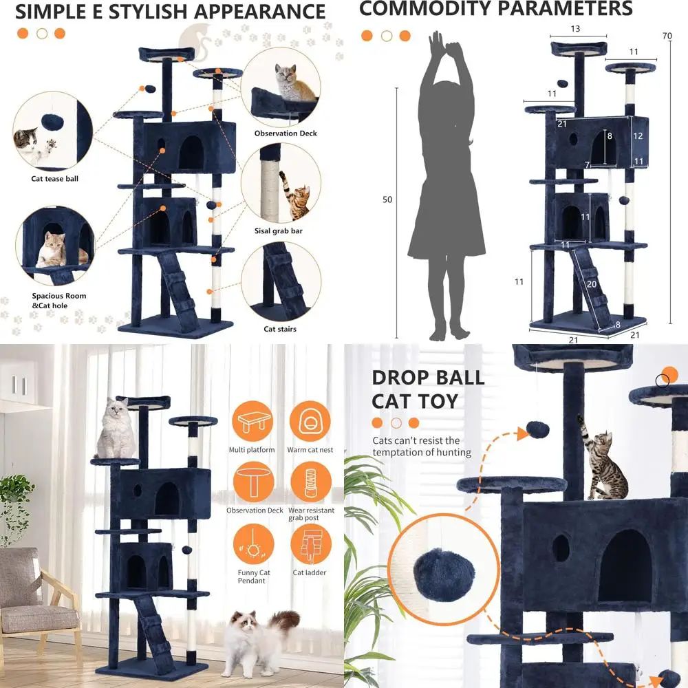 

Скребковая стойка для кошек темно-синего цвета, 70 дюймов, прочная, с несколькими уровнями, стойками для когтей, лежанками, игрушками и платформами