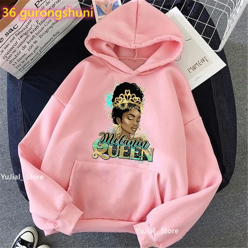 Glitter Melanin Queen Crown Graphic Print Cap Hoodies Women Winter/Spring/Autumn Sweatshirt Femme Black Girls Magic Tracksuit