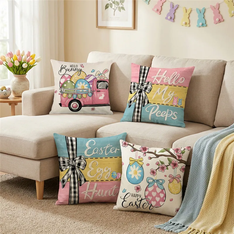 Easter Bunny Cushion Covers 45 x 45 cm Spring Rabbit Eggs Decor for Sofa Bed Home Decor Set of 4