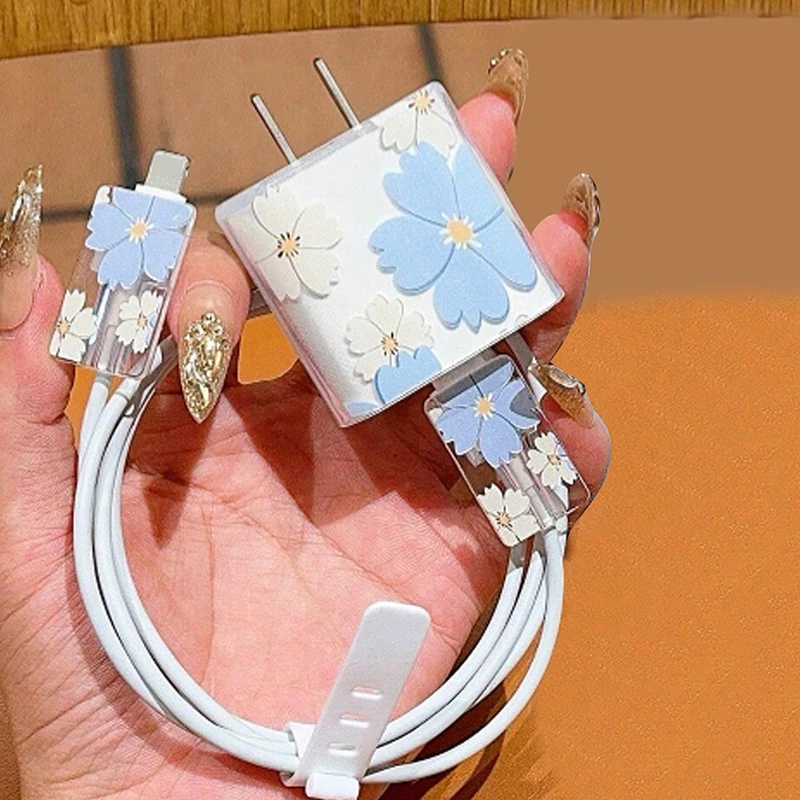 Transparent Flowers For 18/20w Charger Protective Case Is Applicable To 16/15/14/13 Data Cable Head Bite Protector Shell