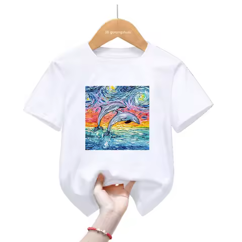 Starry Sky Dolphin Print Pink T Shirt Girls/Boys Chihuahua/ Bulldog/Aussie/Yorkshire Terrier/Cat/Rabbit Dog Tshirt Kids Clothes