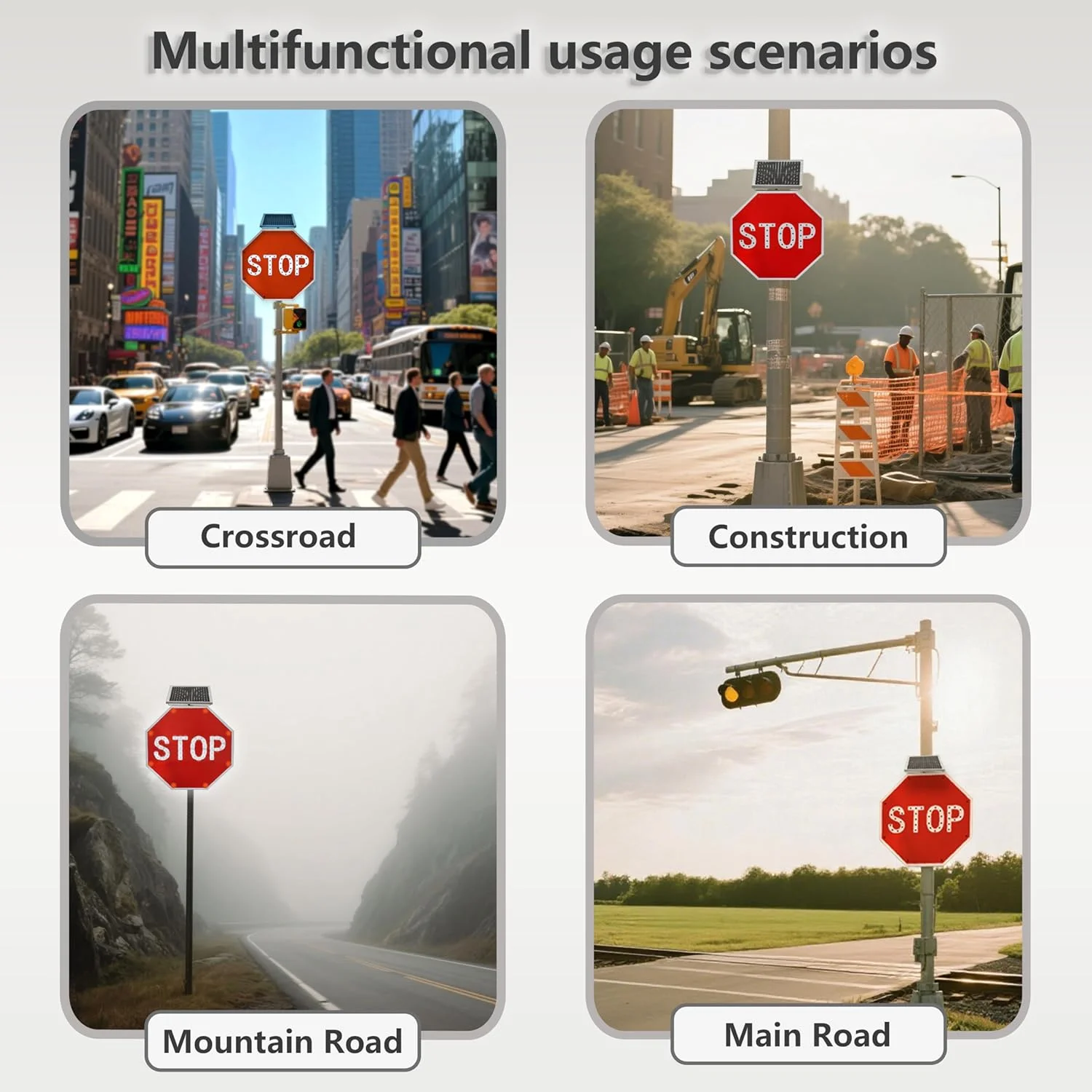 ป้ายหยุดไฟ LED พลังงานแสงอาทิตย์ กระพริบ (สีแดง, 24 นิ้ว) ฟิล์มสะท้อนแสงเกรดวิศวกร 3M พร้อมเซ็นเซอร์ตรวจจับแสงอัตโนมัติ สำหรับถนนและทางรถวิ่ง