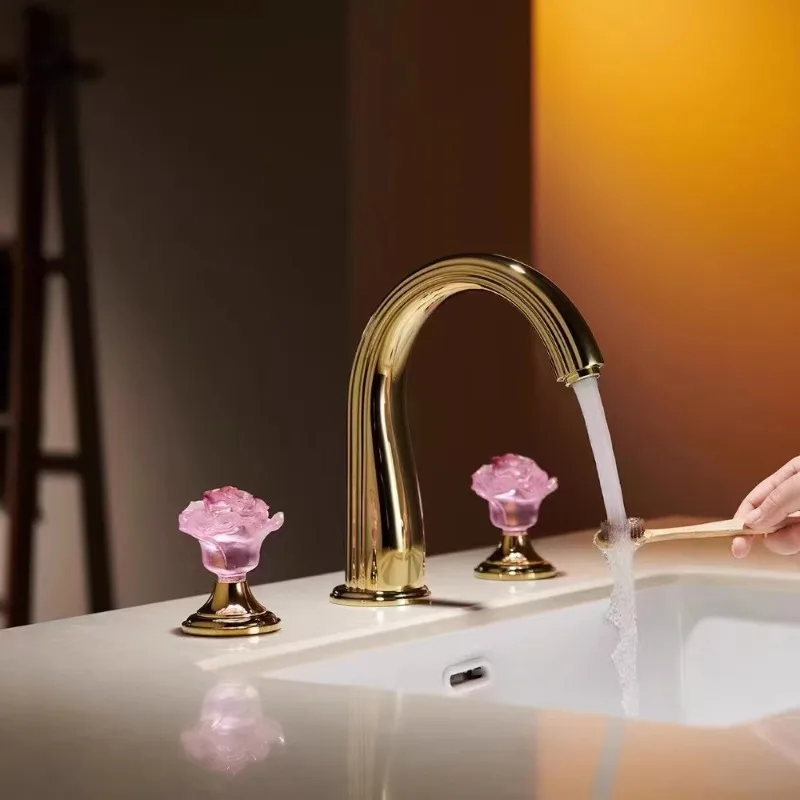 Nordic light luxury high-end all-copper gold double handle three-hole basin faucet hot and cold faucet hotel split faucet