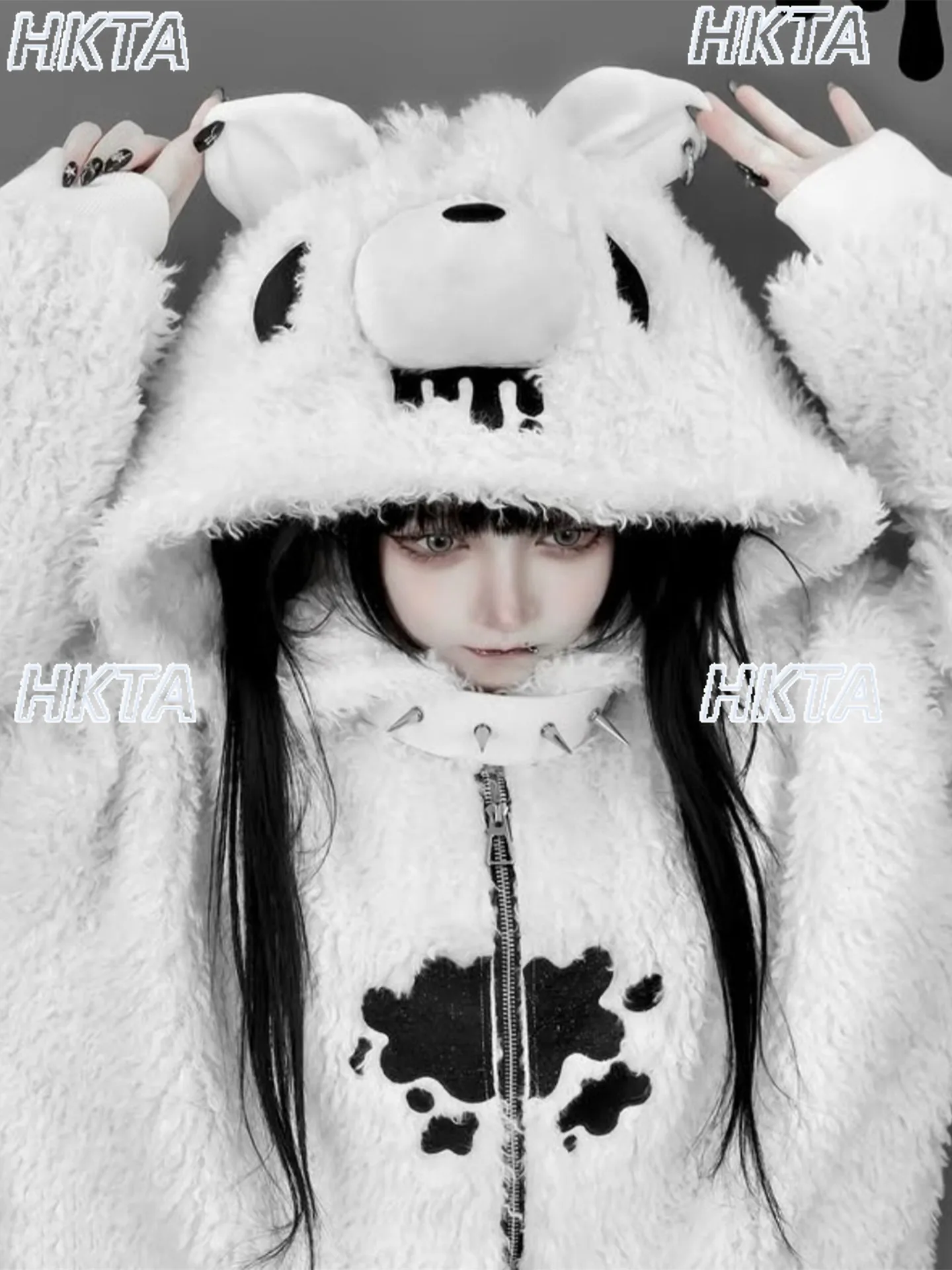Japanese Cute Embroidered Plush Hooded Coat Medium Long Coats Winter New Subculture Y2k Goth Sweet Loose Cool Fur Jacket Women - view 3