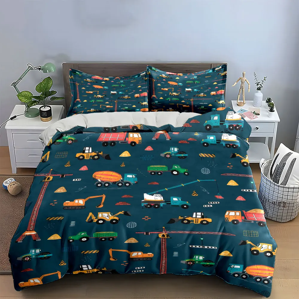 Construction Vehicles Kids Decor Set Soft Skin-Friendly Bedding Set Includes 1 Duvet Cover And 2 Pillowcase, Gift