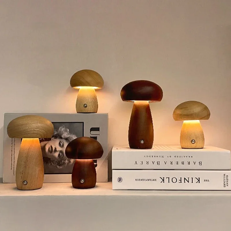 Wooden Mushrooms Night Light   Bedroom Bedside Table Lamp Walnut Beech Wood Warm Dimmable Desk Light USB Chargeable