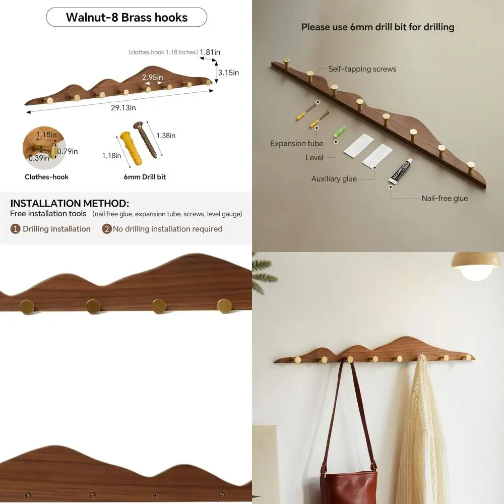 

Walnut Wall-Mounted Coat Rack with 8 Brass Hooks, Durable Wax-Oiled Finish for Home Use