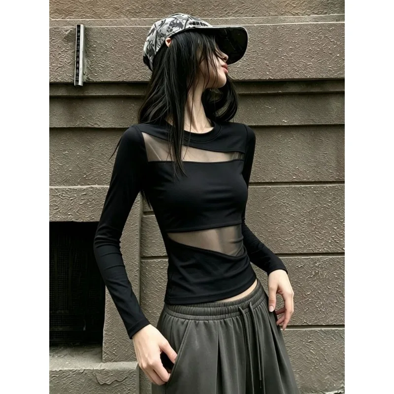 Womens Round Neck Mesh Patchwork Fleece Long Sleeve T Shirt Slim Trendy Thermal Base Layer Top